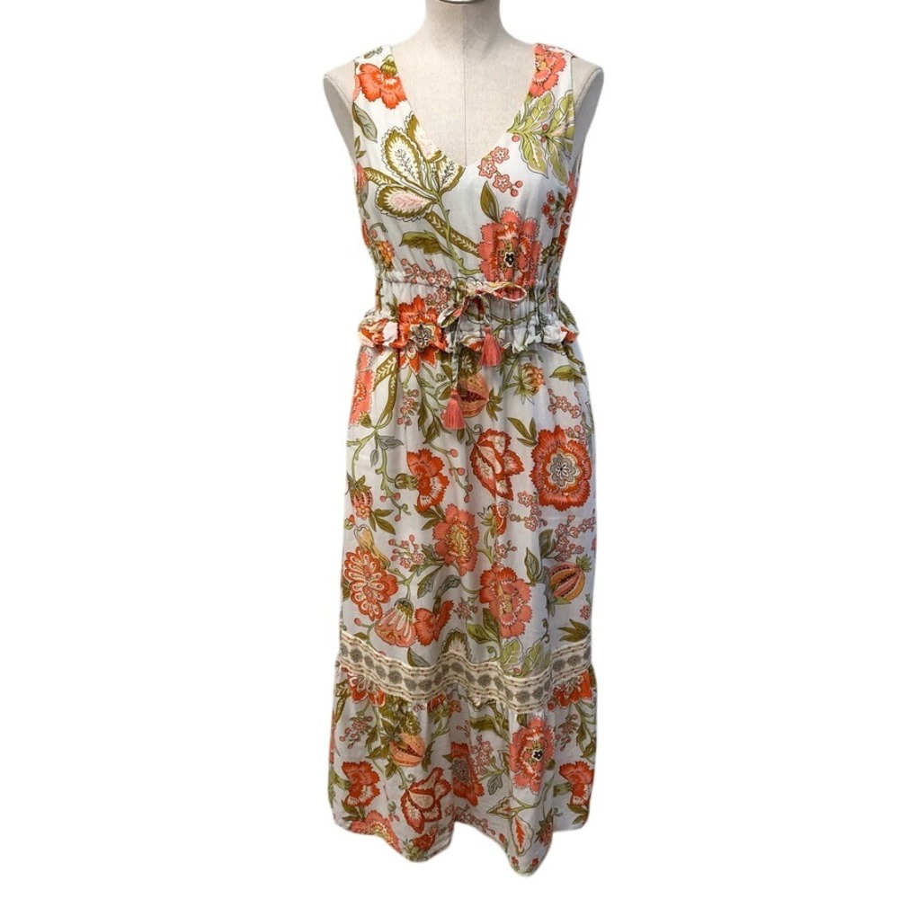 Spartina 449 Maxi Dress Womens XS Orange Floral Paisley Linen Blend Tassel Boho